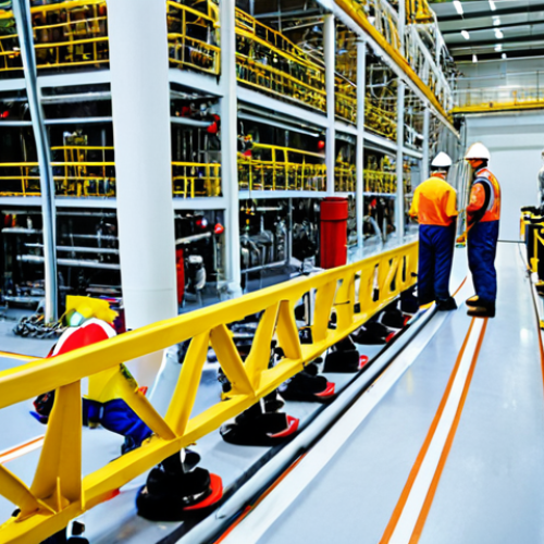Home 11 **A bustling chemical plant floor, focus on a young engineer collaborating with experienced workers (operators, mechanics) around complex machinery. Emphasis on teamwork and knowledge transfer in a real-world industrial setting. Safety equipment visible.**