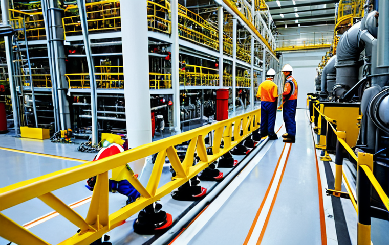 **A bustling chemical plant floor, focus on a young engineer collaborating with experienced workers (operators, mechanics) around complex machinery. Emphasis on teamwork and knowledge transfer in a real-world industrial setting. Safety equipment visible.**