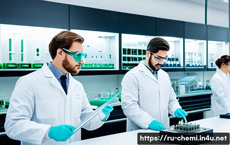 화학공학 창업 가능성 - A modern chemical startup laboratory focused on green technology innovations: scientists in protecti...