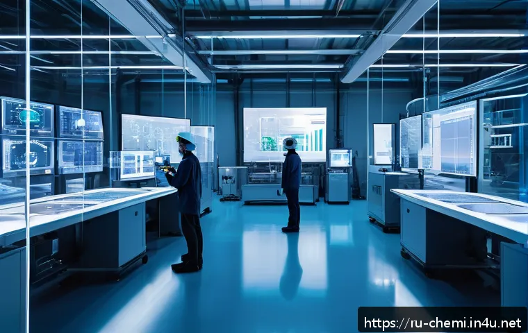 화학공학 신기술 동향 - A modern chemical manufacturing plant interior with advanced digital automation systems, showing eng...