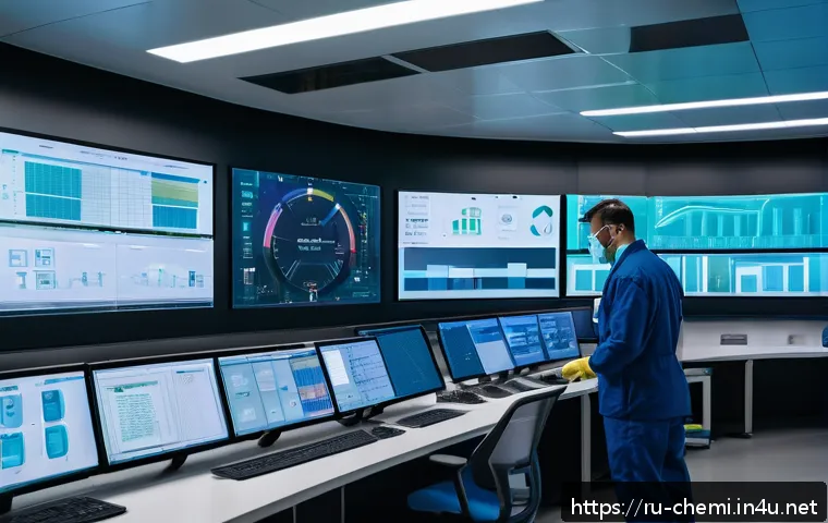 화학공학 데이터 기반 의사결정 - A modern chemical manufacturing control room featuring engineers monitoring large digital dashboards...